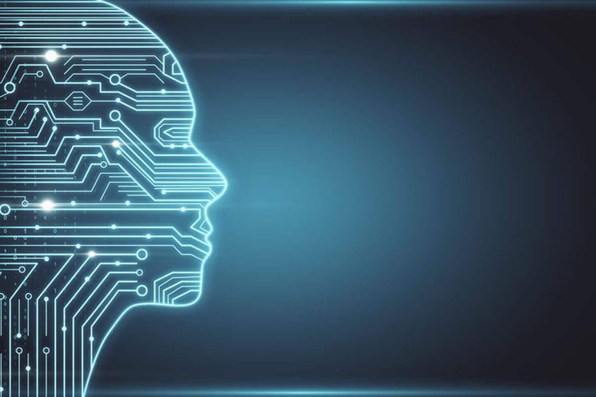 Creative glowing circuit head outline. AI and innovation concept. 3D Rendering